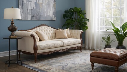Elegant sofa, vintage lamp and footstool in chic setting, enhancing comfort in home decor