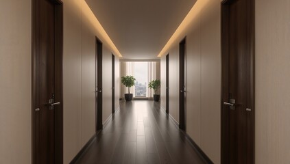 Long corridor featuring a window in a contemporary hotel, promoting accessibility
