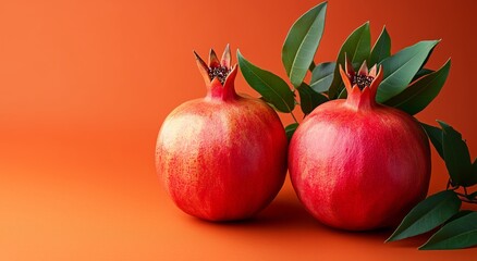 Bright Red Pomegranates With Green Leaves Against a Vibrant Orange Background