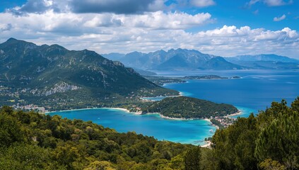 Fototapeta premium Northern Velebit and Kvarner Gulf with Rab Island in the background, showcasing the natural beauty of the landscape and the risk of erosion