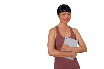 Woman enjoying shopping experience, feeling happy and satisfied carrying colorful shopping bags, transparent background