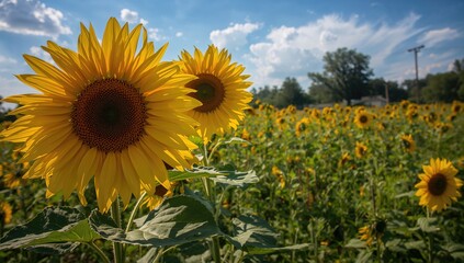 Close-up of blooming sunflowers in a garden, vibrant floral beauty, seasonal change