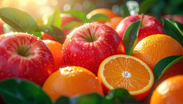 A vibrant close-up of fresh red apples and bright oranges, some whole and one sliced, glistening with water droplets under warm sunlight.