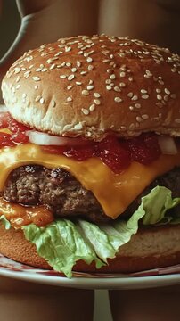 Unhealthy fast food burger, excess calories, trans fats, poor diet choices, high calorie eating, rich ingredients, fast food meal, causing obesity, poor nutrition habits, unhealthy lifestyle.