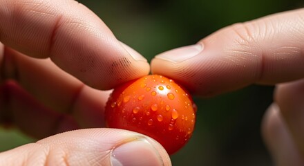 Freshly picked cherry tomato with water droplets held in fingers outdoors