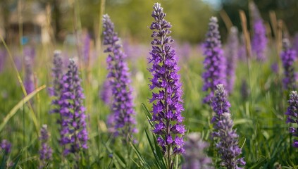 Obraz premium Close-up of Salvia nemorosa flowers in a sunny meadow, highlighting seasonal change