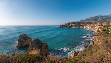 Sicilian coastline with turquoise waters and rocky cliffs, ideal for vacation relaxation