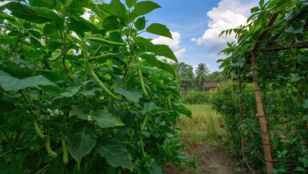Newly sprouted beans on a bean plant in a vegetable garden, showcasing fresh produce benefits