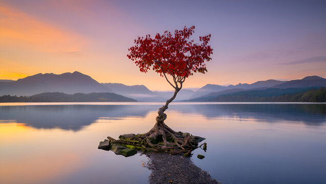 red colored leaves tree in the middle of the river under sunset, Generative AI