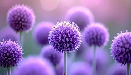 A cluster of spherical purple allium flowers are in bloom, with soft, out-of-focus lights creating a dreamy bokeh effect in the background.