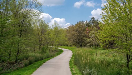 Obraz premium Walking path surrounded by lush greenery in a tranquil park environment, promoting relaxation