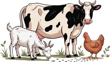 Farm animals cow goat and chicken together vector illustration