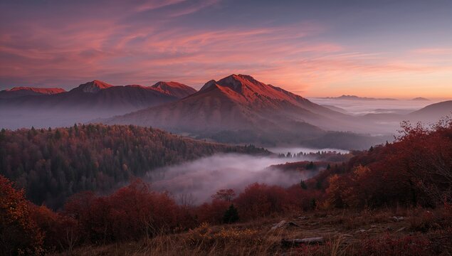 Magnificent red dawn, shrouded valley with peaks emerging from fog, seasonal change - Powered by Adobe