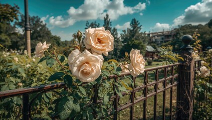 Roses Climbing on Metal Trellis in Urban Green Space, highlighting seasonal change