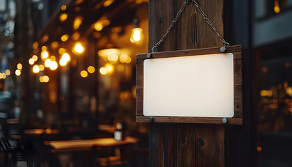 Blank square sign hangs on rustic wood wall near bakery storefront