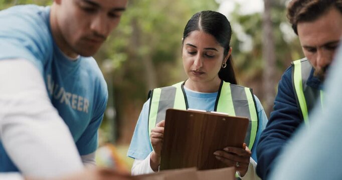 Charity, volunteers and people with clipboard, park and inventory for community service and writing. Outdoor, group and coordinator with checklist for inspection, donations and supply distribution