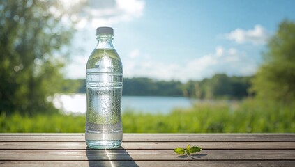 Water bottle placed on a table, promoting hydration habits