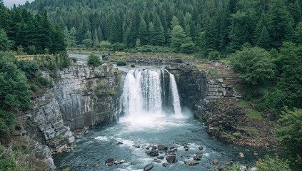A vibrant waterfall flows over rocky cliffs into a calm river, showcasing natural beauty and the theme of preservation