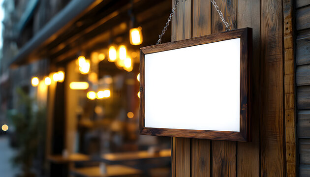 Blank square sign hangs on rustic wood wall near bakery storefront
