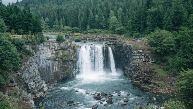 A vibrant waterfall flows over rocky cliffs into a calm river, showcasing natural beauty and the theme of preservation
