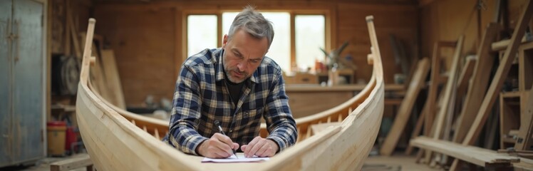 Man builds canoe in workshop. Boat construction small business owner. Woodworker taking notes for wooden boat. Caucasian male works in carpentry shop with crafting tools. Hobby, lifestyle concept