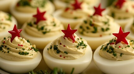 Festive Holiday Appetizer With Decorated Deviled Eggs Arranged on a Serving Platter