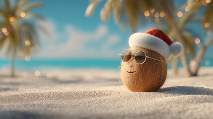 christmas on the beach A coconut wearing a Santa hat and sunglasses on a beach.