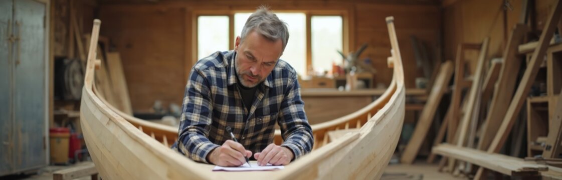 Man builds canoe in workshop. Boat construction small business owner. Woodworker taking notes for wooden boat. Caucasian male works in carpentry shop with crafting tools. Hobby, lifestyle concept - Powered by Adobe