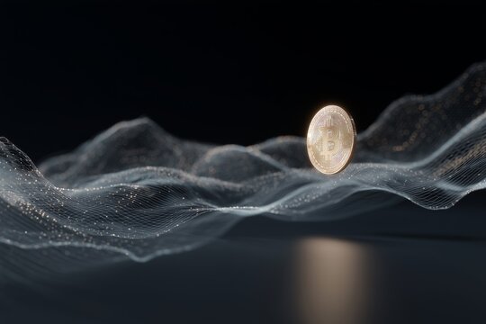 Golden Bitcoin Floating Above Digital Wave Grid
 - Powered by Adobe