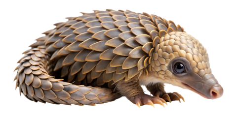 A cute baby pangolin curled up on a transparent background, showcasing its unique scaled armor and curious expression, isolated on transparent background