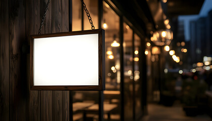 Blank square sign hangs on rustic wood wall near bakery storefront