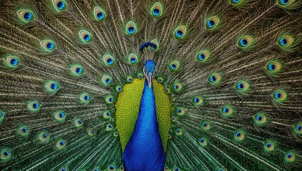 Green-toned peacock displaying its feathers, showcasing natural beauty and seasonal change