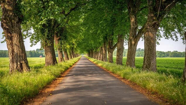 A tree-lined road surrounded by lush greenery, showcasing rural beauty, seasonal change