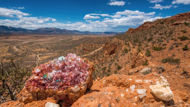 Minerals embedded in rocks at a road cut near a mining area, highlighting erosion risk