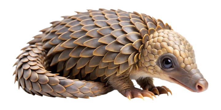A cute baby pangolin curled up on a transparent background, showcasing its unique scaled armor and curious expression, isolated on transparent background