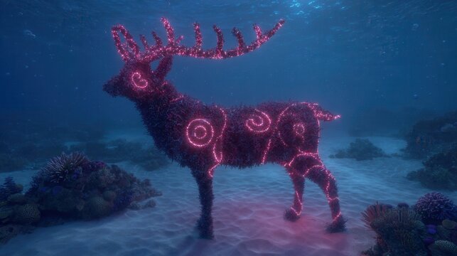 christmas on the beach Underwater deer-like silhouette amidst coral and fish.