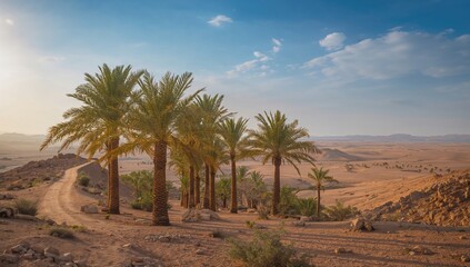 Fototapeta premium Palm trees lining a scenic trail in an oasis, highlighting the importance of preservation