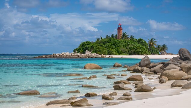 Scenic tropical beach with rocky formations and a historic lighthouse on a small island, erosion risk
