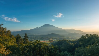 The majesty of nature with trees, mountains, and a vibrant sky, seasonal change