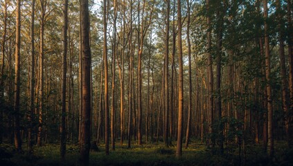 A dense forest landscape featuring tall trees in Suesca, Colombia, highlighting seasonal change
