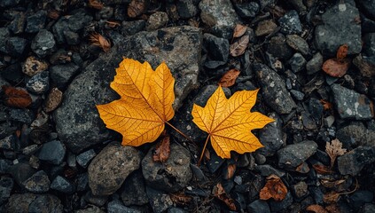 Two yellow leaves resting on dry rocks, seasonal change, autumn