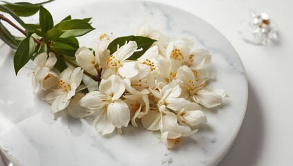 Osmanthus flowers on a white marble plate, showcasing fresh ingredients for a fiber-dense choice