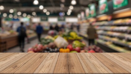 Grocery store scene featuring fresh vegetables and fruits, vibrant market atmosphere, seasonal produce awareness