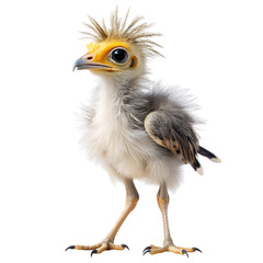 Fototapeta premium A fluffy baby secretary bird with spiky crest and bright yellow face, standing on its long legs, isolated on transparent background