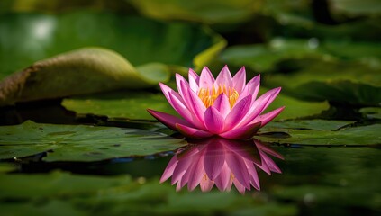 Pink waterlily floating on water surface, symbol of tranquility