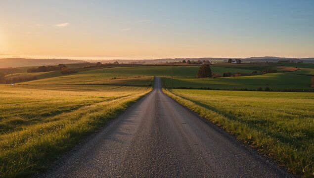 A winding rural path traverses the hills during sunset, highlighting seasonal change