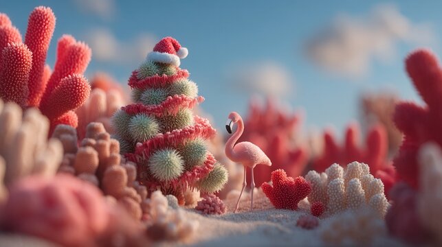 christmas on the beach Surreal coral scene featuring a flamingo and a festive tree.