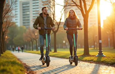 Happy couple ride electric scooters through sunlit city park path. They enjoy modern green transport, mobility, and urban lifestyle. The pair moves forward on sunny day.