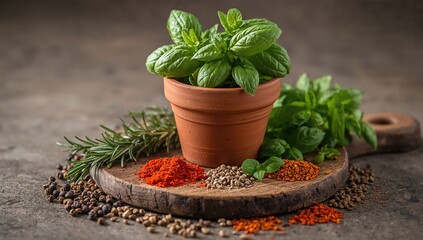 Herbs in a terracotta container and spices arranged on a wooden surface, culinary preparation essentials