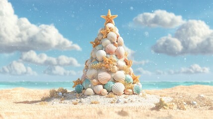 christmas on the beach Seashell Christmas tree on a beach with clouds and ocean backdrop.